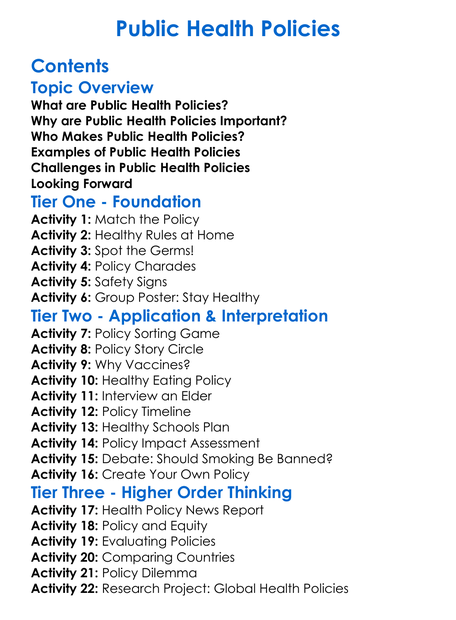 Public Health Policies Worksheet Activity Booklet
