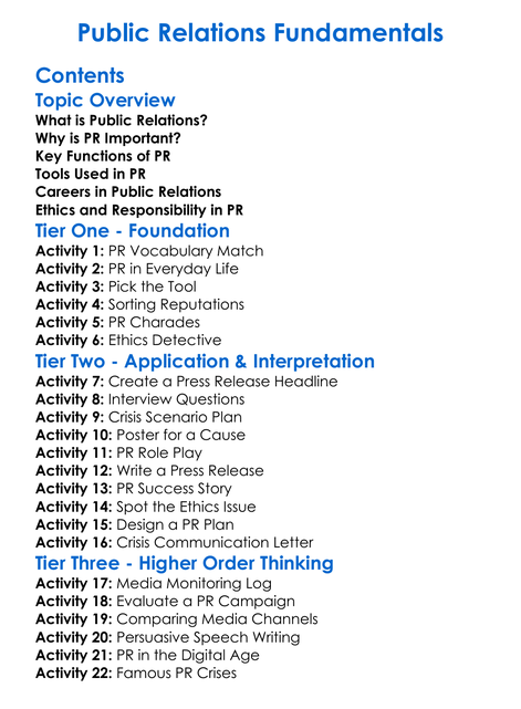 Public Relations Fundamentals Worksheet Activity Booklet