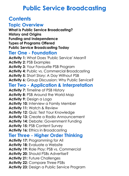 Public Service Broadcasting Worksheet Activity Booklet