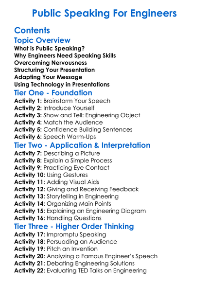 Public Speaking For Engineers Worksheet Activity Booklet