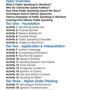 Public Speaking In Literature Worksheet Activity Booklet