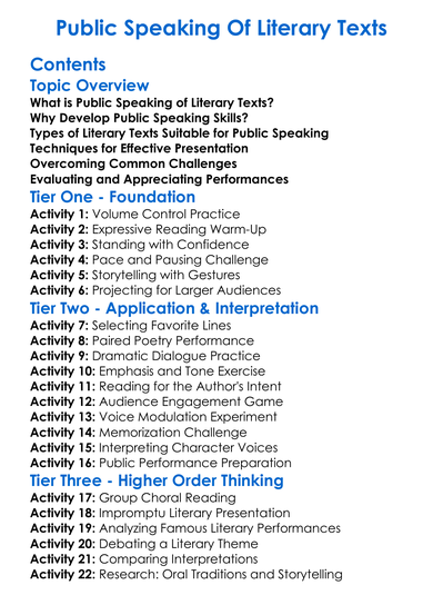 Public Speaking Of Literary Texts Worksheet Activity Booklet