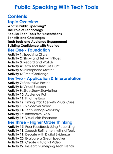Public Speaking With Tech Tools Worksheet Activity Booklet