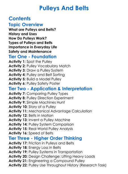 Pulleys And Belts Worksheet Activity Booklet