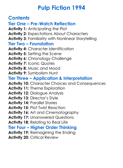 Pulp Fiction 1994 Worksheet Activity Booklet