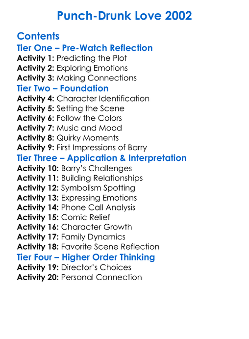 Punch-Drunk Love 2002 Worksheet Activity Booklet