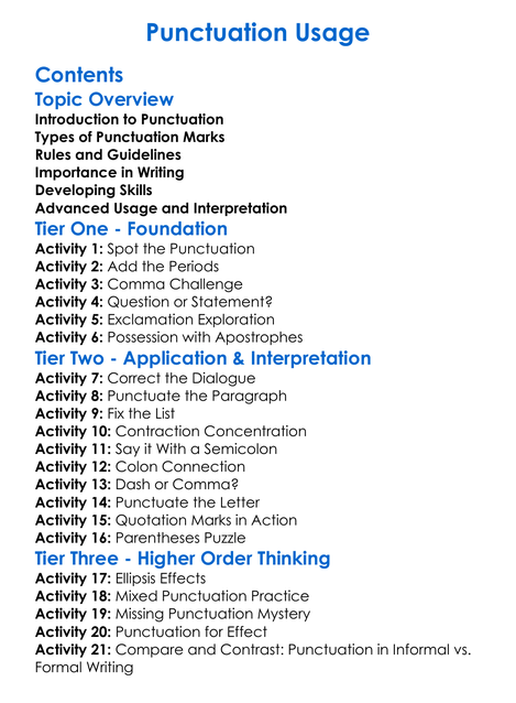 Punctuation Usage Worksheet Activity Booklet