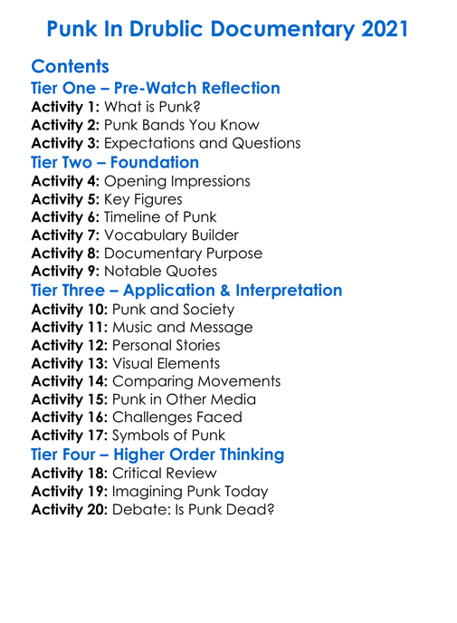 Punk In Drublic Documentary 2021 Worksheet Activity Booklet