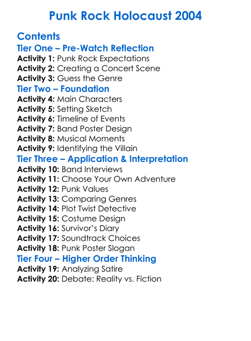 Punk Rock Holocaust 2004 Worksheet Activity Booklet