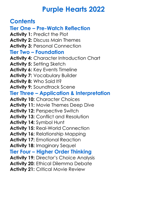 Purple Hearts 2022 Worksheet Activity Booklet