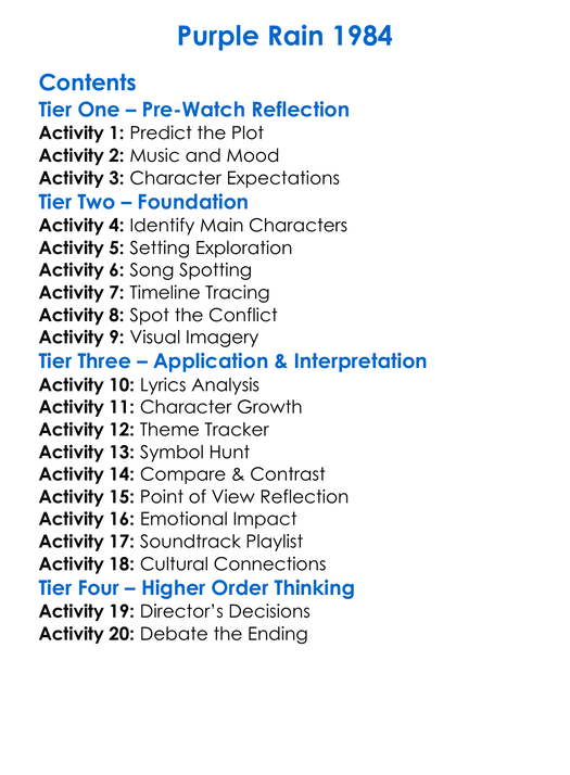 Purple Rain 1984 Worksheet Activity Booklet