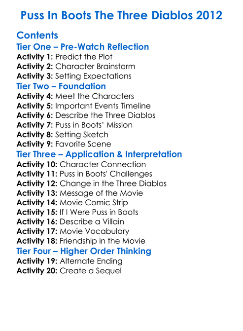 Puss In Boots The Three Diablos 2012 Worksheet Activity Booklet