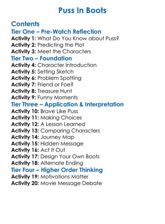 Puss In Boots Worksheet Activity Booklet