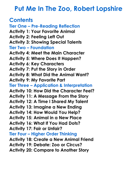 Put Me In The Zoo Robert Lopshire Worksheet Activity Booklet