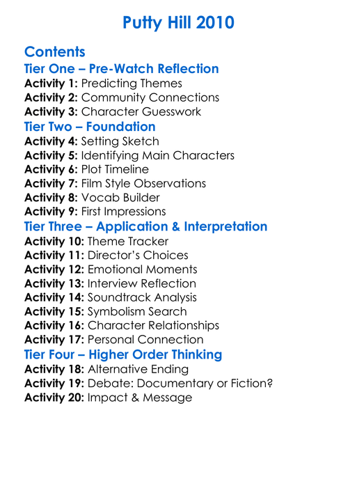 Putty Hill 2010 Worksheet Activity Booklet