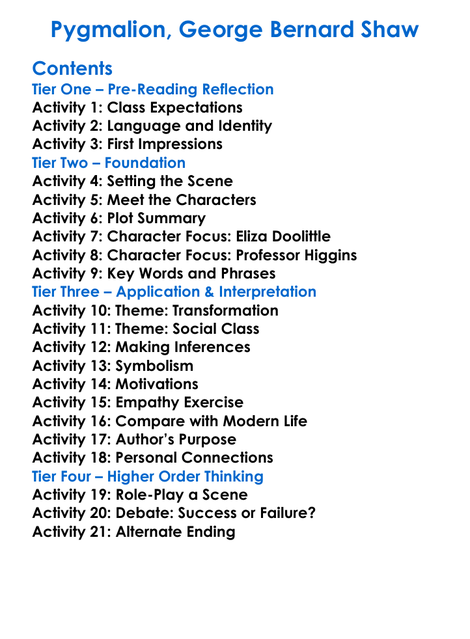 Pygmalion George Bernard Shaw Worksheet Activity Booklet