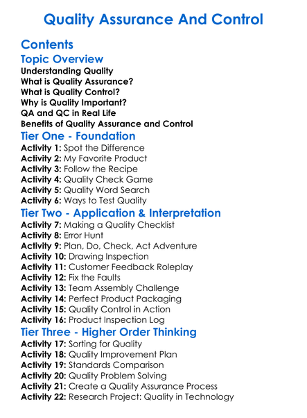 Quality Assurance And Control Worksheet Activity Booklet