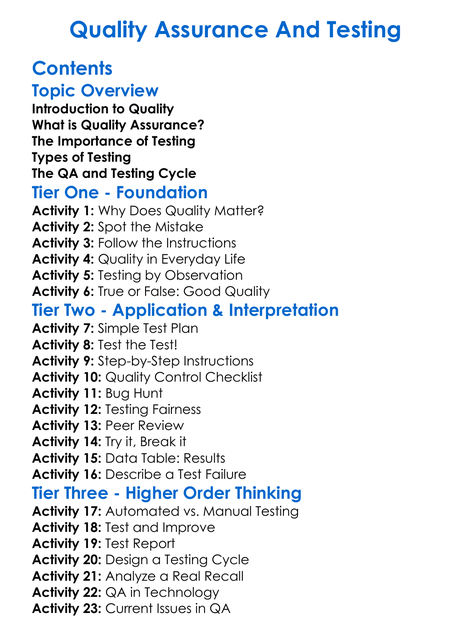 Quality Assurance And Testing Worksheet Activity Booklet