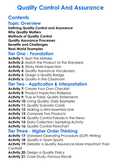 Quality Control And Assurance Worksheet Activity Booklet