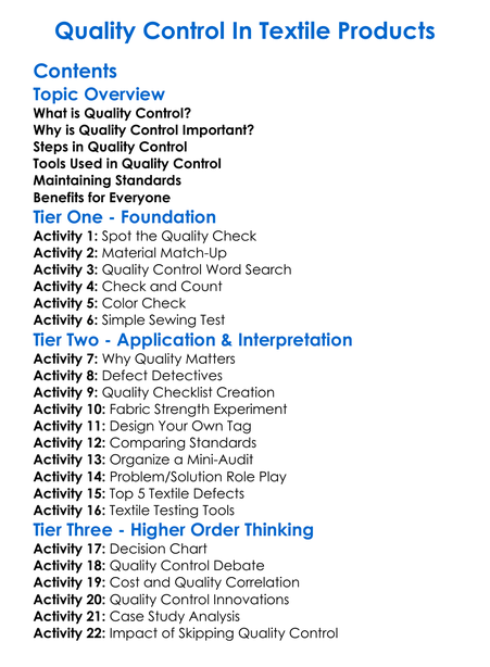 Quality Control In Textile Products Worksheet Activity Booklet