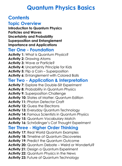 Quantum Physics Basics Worksheet Activity Booklet