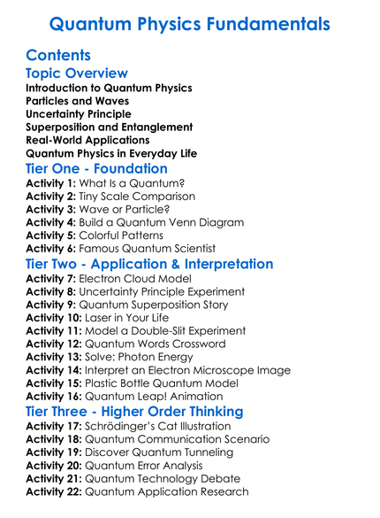 Quantum Physics Fundamentals Worksheet Activity Booklet