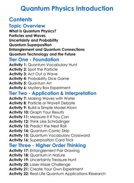 Quantum Physics Introduction Worksheet Activity Booklet