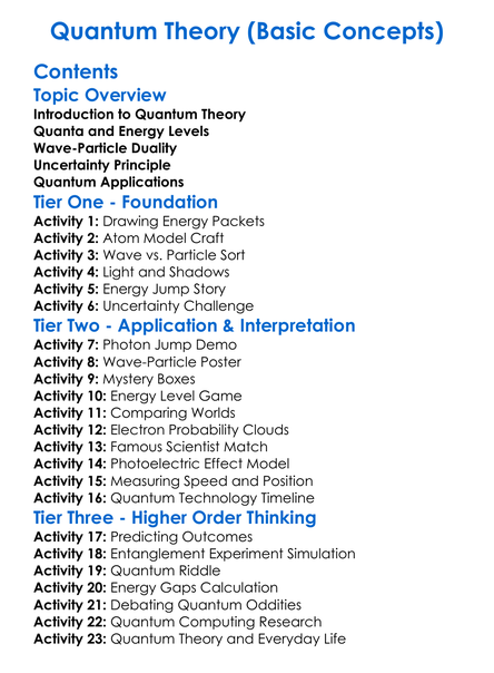 Quantum Theory Basic Concepts Worksheet Activity Booklet