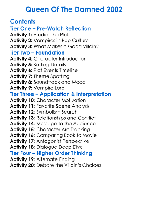 Queen Of The Damned 2002 Worksheet Activity Booklet