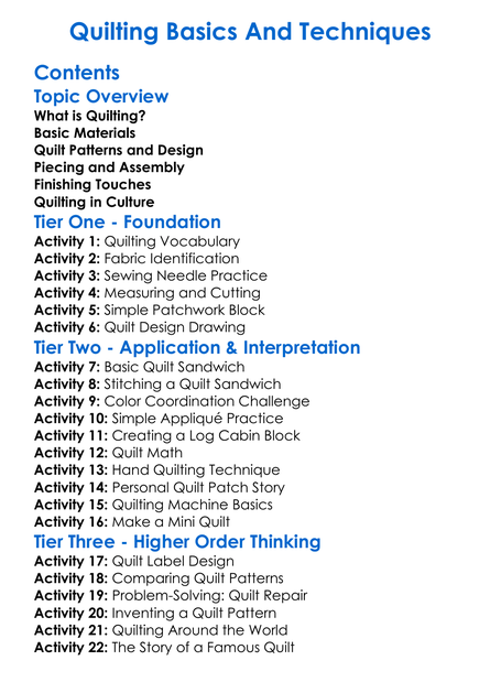 Quilting Basics And Techniques Worksheet Activity Booklet