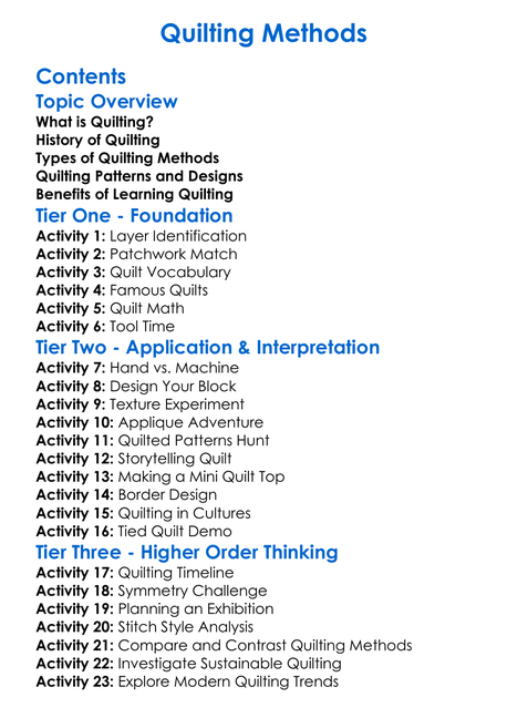 Quilting Methods Worksheet Activity Booklet
