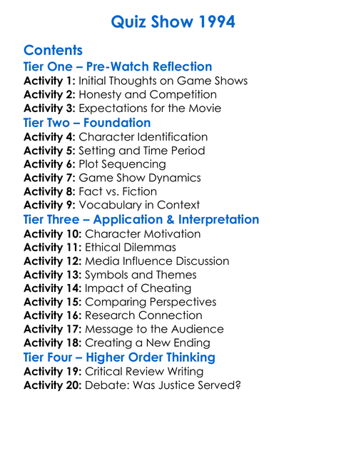 Quiz Show 1994 Worksheet Activity Booklet