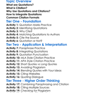 Quotations And Citation Worksheet Activity Booklet