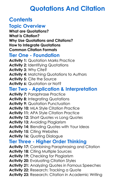 Quotations And Citation Worksheet Activity Booklet