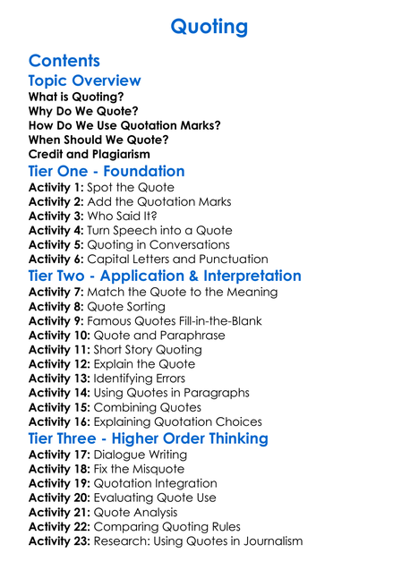 Quoting Worksheet Activity Booklet