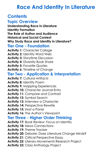 Race And Identity In Literature Worksheet Activity Booklet