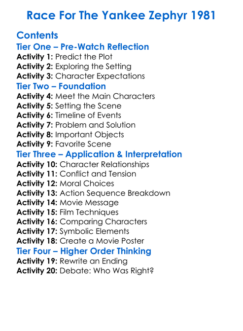 Race For The Yankee Zephyr 1981 Worksheet Activity Booklet