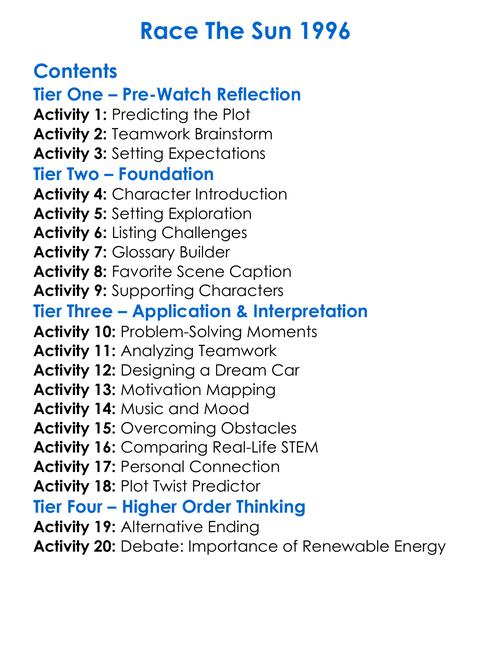 Race The Sun 1996 Worksheet Activity Booklet