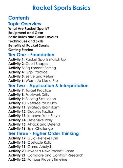 Racket Sports Basics Worksheet Activity Booklet