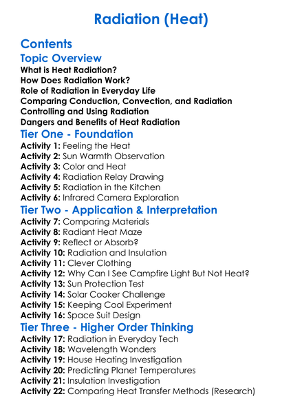 Radiation Heat Worksheet Activity Booklet