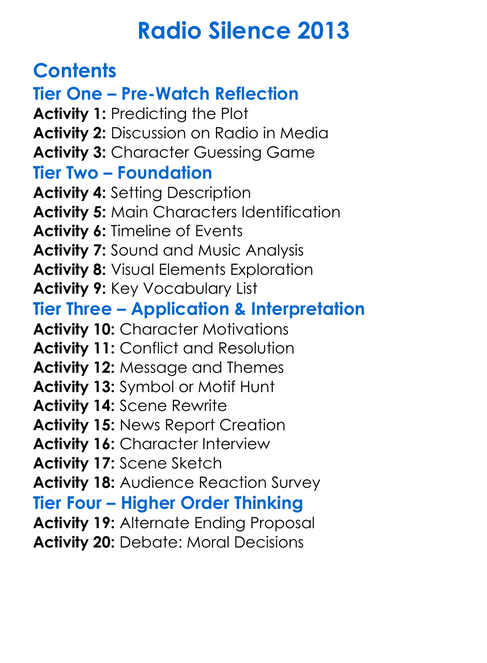 Radio Silence 2013 Worksheet Activity Booklet