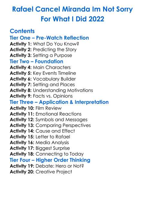 Rafael Cancel Miranda Im Not Sorry For What I Did 2022 Worksheet Activity Booklet