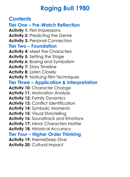 Raging Bull 1980 Worksheet Activity Booklet