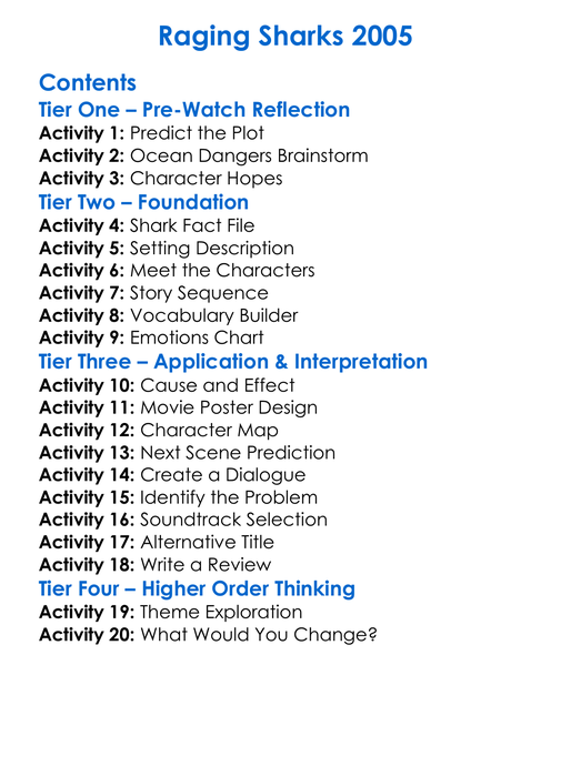 Raging Sharks 2005 Worksheet Activity Booklet