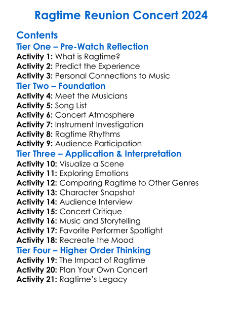 Ragtime Reunion Concert 2024 Worksheet Activity Booklet