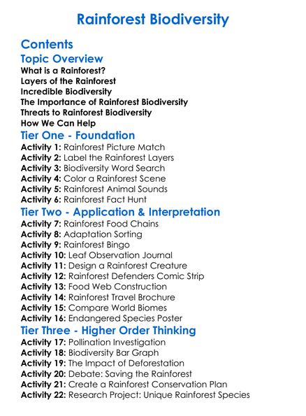 Rainforest Biodiversity Worksheet Activity Booklet