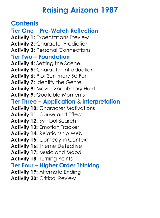 Raising Arizona 1987 Worksheet Activity Booklet