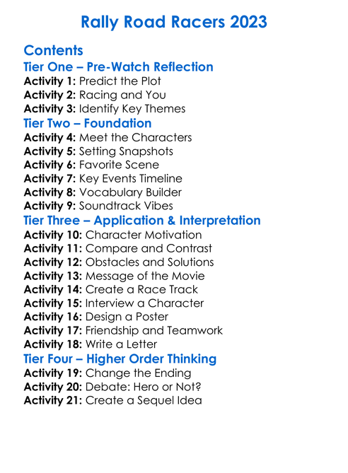 Rally Road Racers 2023 Worksheet Activity Booklet