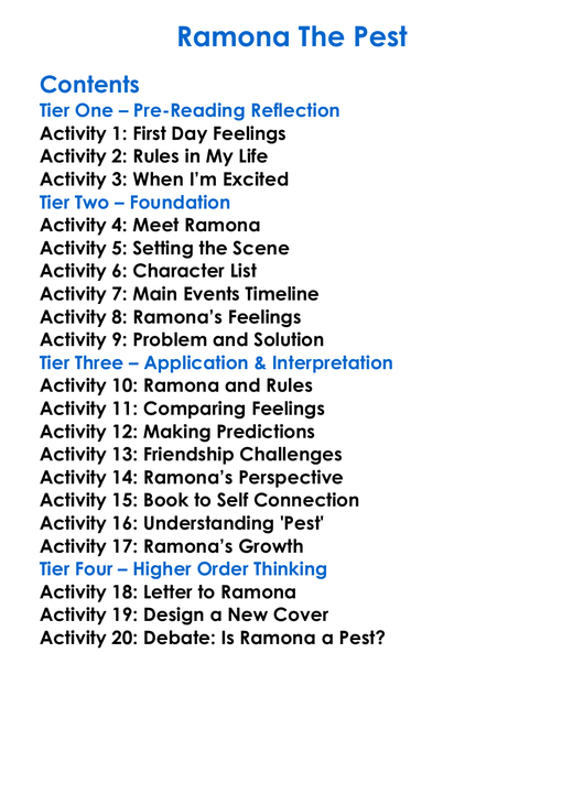 Ramona The Pest Worksheet Activity Booklet