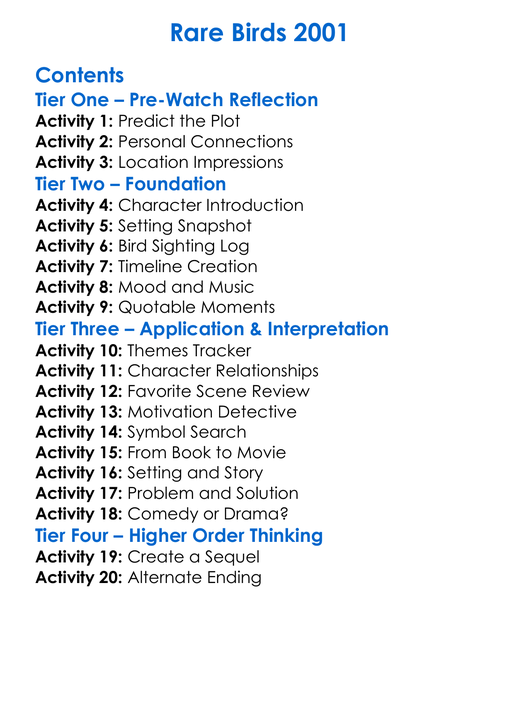 Rare Birds 2001 Worksheet Activity Booklet